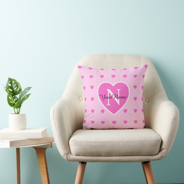 Pink Hearts Monogrammed Heart Pattern Throw Pillow (Chair)