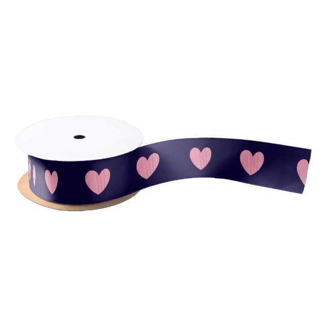 Pink Hearts Navy Blue Love Holiday Abstract Gift Satin Ribbon (Spool)