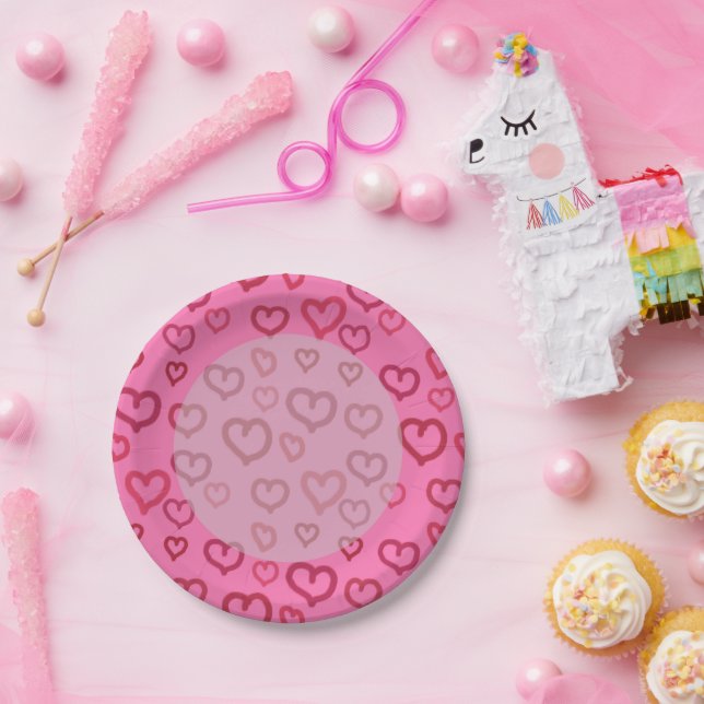 Pink Hearts on Any Background Color Paper Plates (Party)
