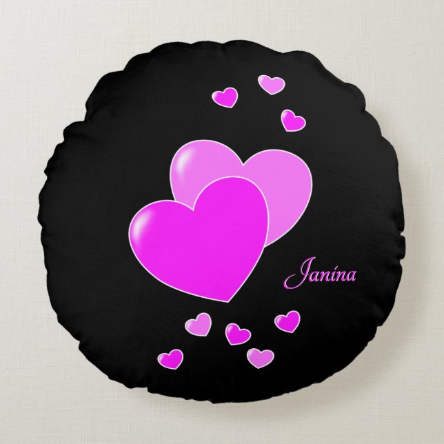 Pink Hearts On Black And Her Name Round Pillow (Front)