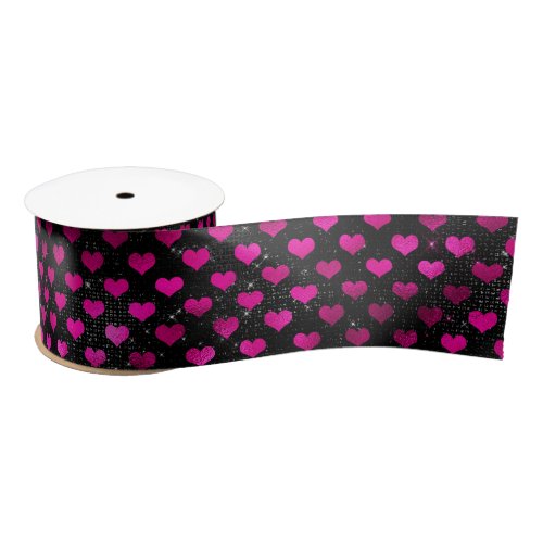 Pink Hearts on Black Faux Sequins Satin Ribbon