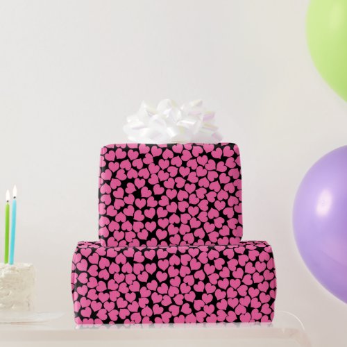 Pink Hearts on Black Wrapping Paper