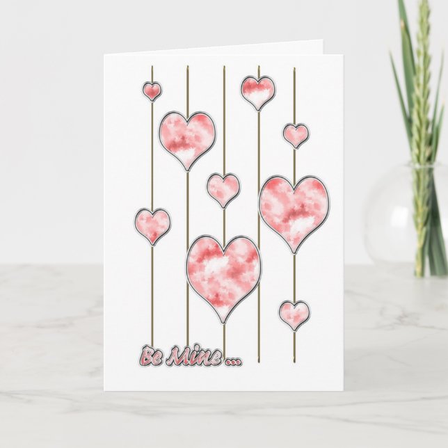 Pink Hearts on Golden Thread Be Mine Valentine's Holiday Card (Front)
