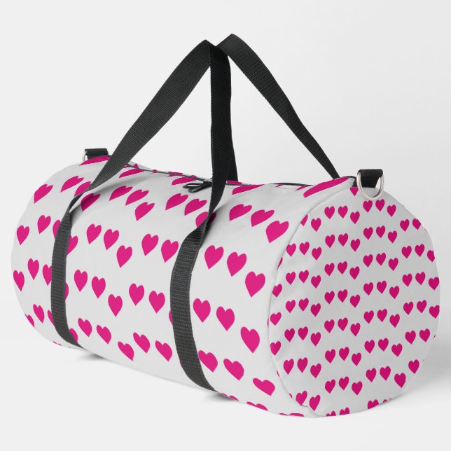 Pink hearts on gray duffle bag (Left Corner)
