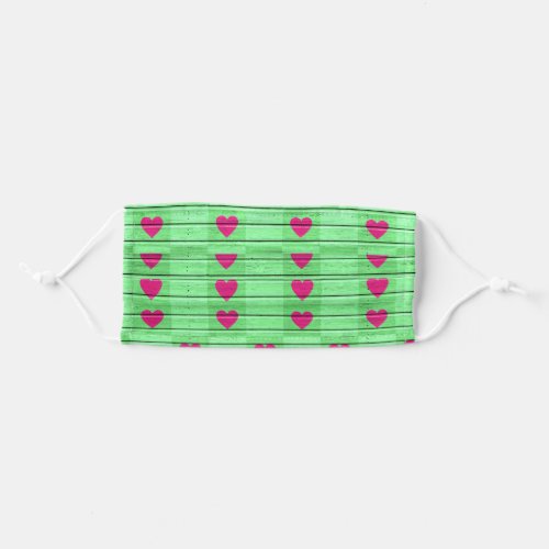 pink hearts on green wood adult cloth face mask