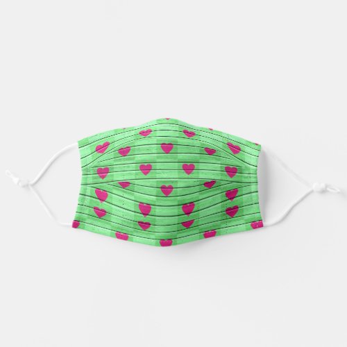 pink hearts on green wood grain adult cloth face mask