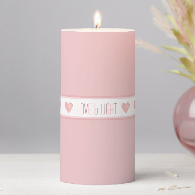 Pink Hearts on Light Rose Pink Pillar Candle (In Situ)