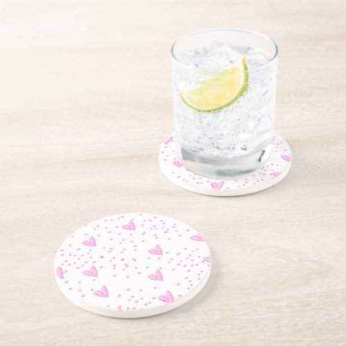 Pink Hearts on White Drink Coaster