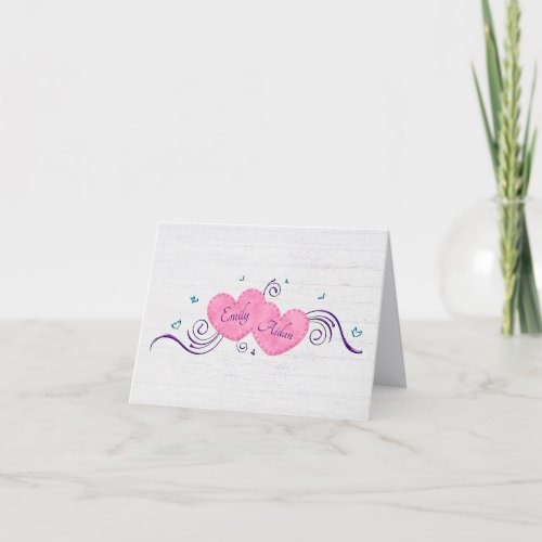Pink Hearts on Whitewashed Wood Thank You Card