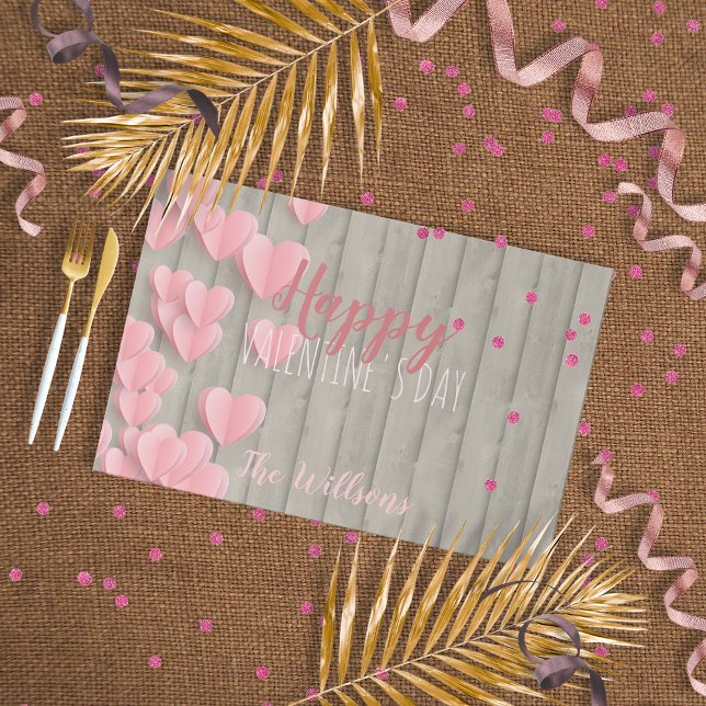 Pink Hearts On Wood Valentine's Day Paper Placemat (Creator Uploaded)