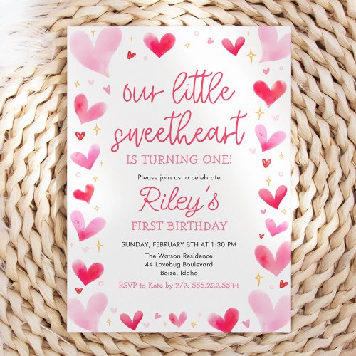 Pink Hearts Our Little Sweetheart Birthday Invitation