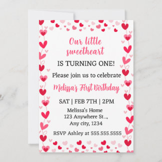 Pink Hearts Our Little Sweetheart Birthday Invite 