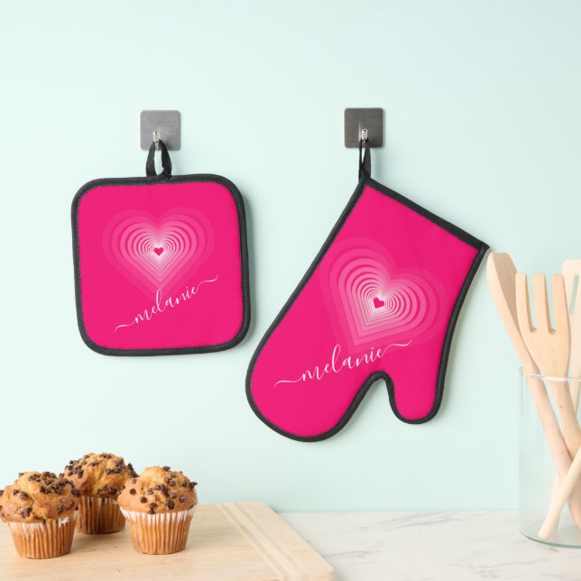 Pink Hearts Oven Mitt & Pot Holder Set Custom Name (Insitu(Hanging))