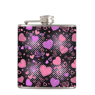 Pink Hearts Pattern 01 Black BG Flask