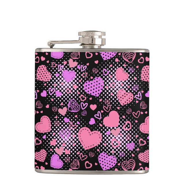 Pink Hearts Pattern 01 Black BG Flask (Front)