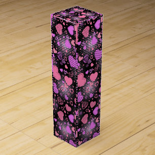 Pink Hearts Pattern 01 Black BG Wine Box