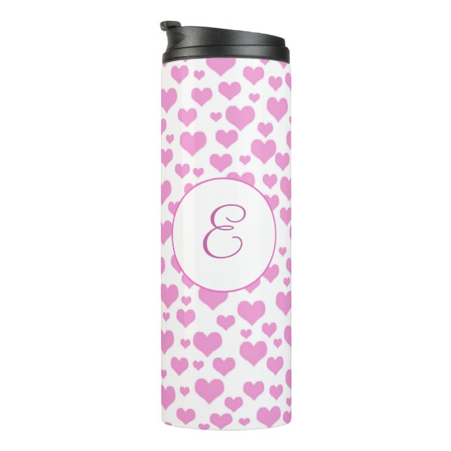 Pink Hearts Pattern Elegant Monogram Custom Thermal Tumbler (Rotated Right)