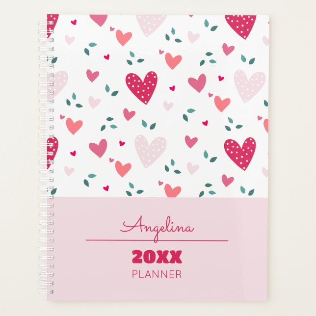 Pink Hearts Pattern Kids Academic School Planner (Front)