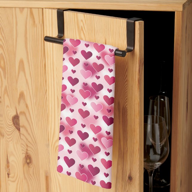 Pink Hearts Pattern Kitchen Towel (Thirds Fold)