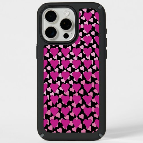 Pink hearts pattern on black iPhone 15 pro max case