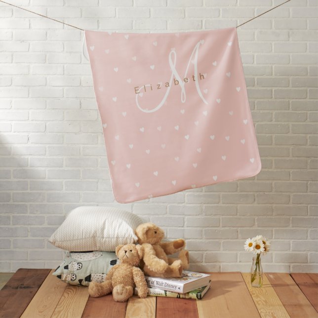 Pink hearts pattern personalized name and monogram baby blanket (In Situ)