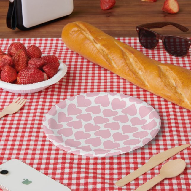 Pink Hearts Pattern, Romantic, Love Paper Plates (Picnic)