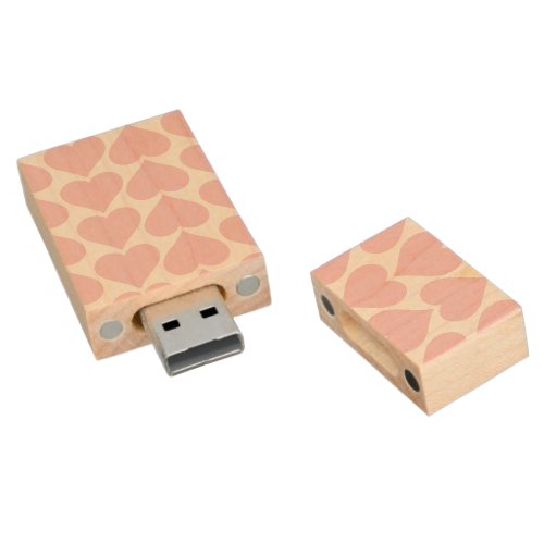 Pink Hearts Pattern Romantic Love Wood Flash Drive