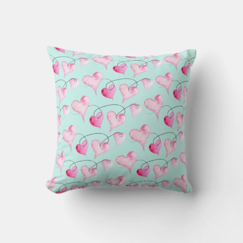 Pink Hearts Pattern Watercolor Throw Pillow