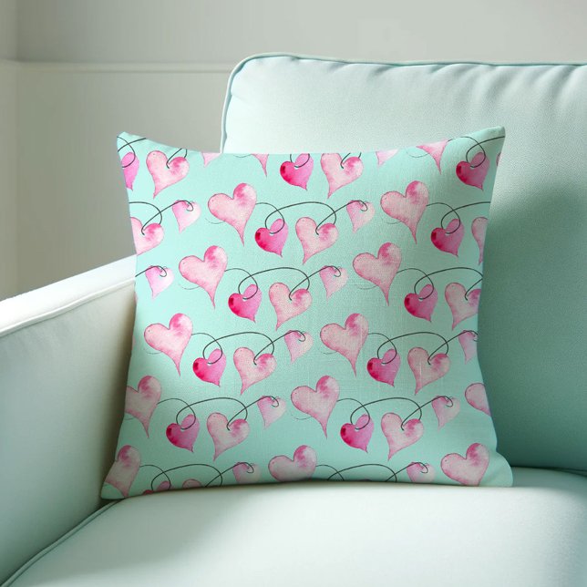 Pink Hearts Pattern Watercolor Throw Pillow (Valentines decor watercolor hearts pillow art by Victoria Grigaliunas of Do Tell A Belle)