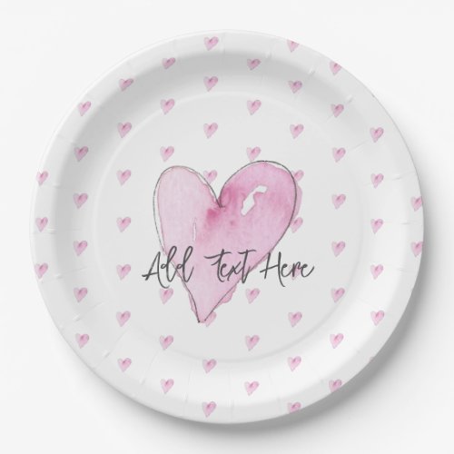 Pink Hearts Pattern Watercolors Sweet Love Modern Paper Plates