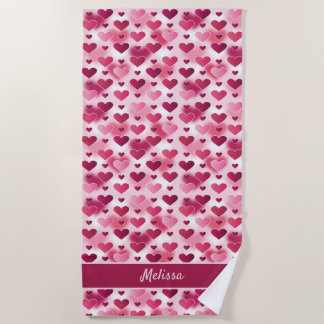 Pink Hearts Pattern With Custom Name Beach Towel