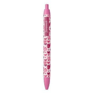 Pink Hearts Pattern With Custom Name Black Ink Pen