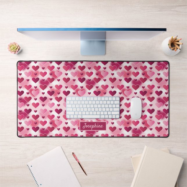 Pink Hearts Pattern With Custom Name Desk Mat (Office 1)