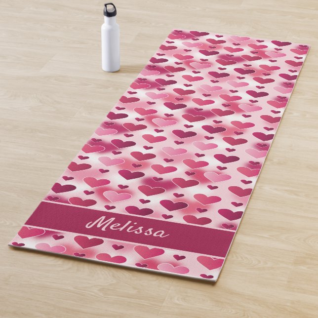 Pink Hearts Pattern With Custom Name Yoga Mat (In Situ)