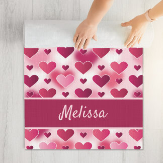 Pink Hearts Pattern With Custom Name Yoga Mat