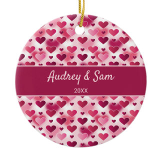 Pink Hearts Pattern With Custom Text Ceramic Ornament