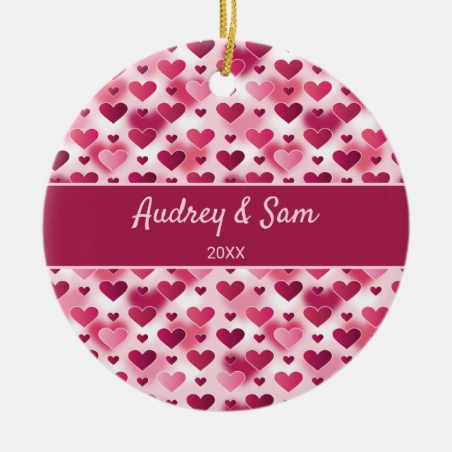 Pink Hearts Pattern With Custom Text Ceramic Ornament (Front)