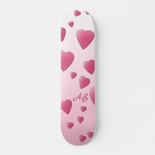 Pink Hearts Pattern with Initials Pretty Skateboard