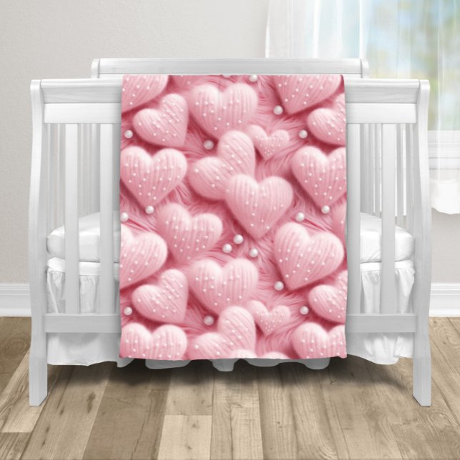 Pink Hearts Pearls Baby Fleece Blanket (Adorable fluffy pink hearts and pearls baby blanket. You can add text and a color to the back.)