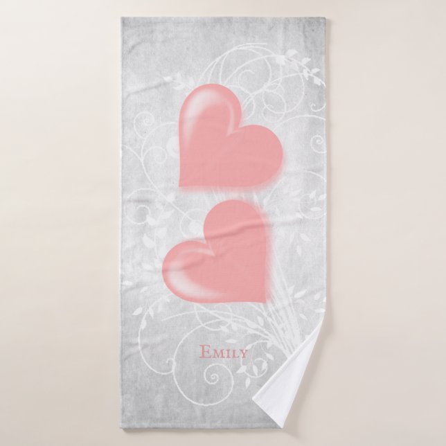 Pink Hearts Personalized Bath Towel Set (Bath Towel)