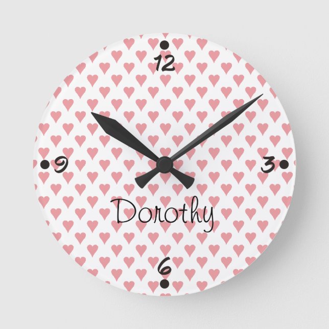 Pink Hearts Personalized Name Girly Wall Clocks (Front)