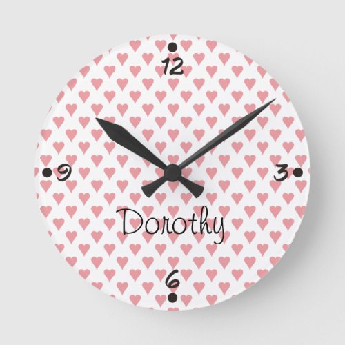 Pink Hearts Personalized Name Girly Wall Clocks