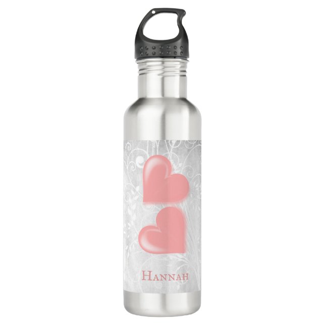 Pink Hearts Personalized Stainless Steel Water Bottle (Front)