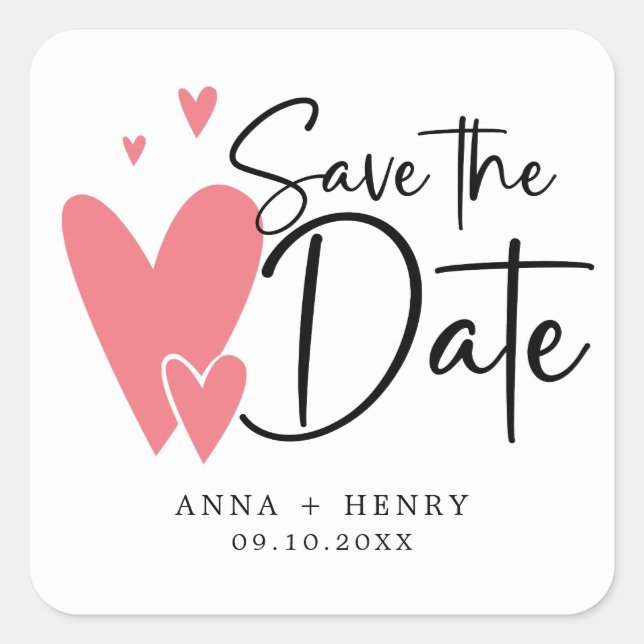 Pink Hearts Personalized Wedding Save The Date  Square Sticker (Front)