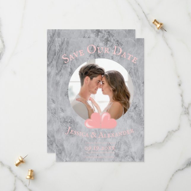 Pink Hearts Photo Save The Date (Front/Back In Situ)