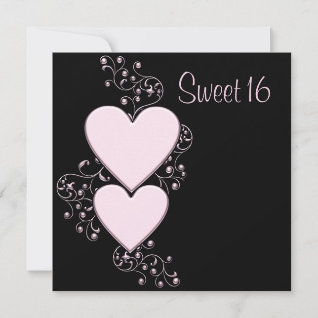 Pink Hearts Pink Black Sweet 16 Birthday Party Invitation (Front)