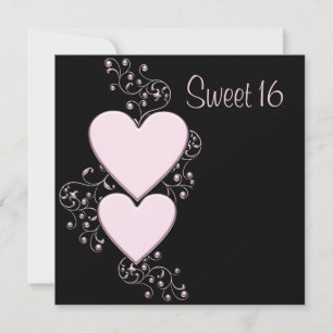 Pink Hearts Pink Black Sweet 16 Birthday Party Invitation
