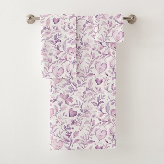 Pink Hearts Purple Leaves Bath Towel Set (Insitu)