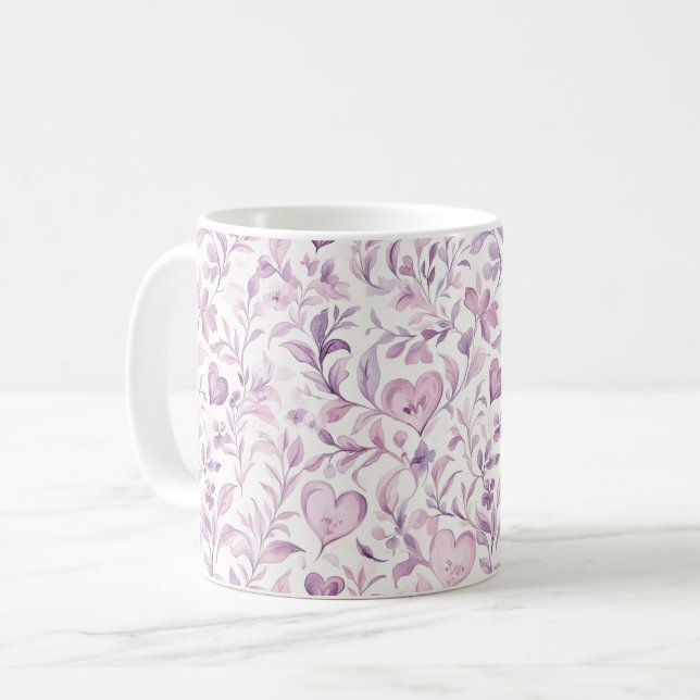 Pink Hearts Purple Leaves Coffee Mug (Front Left)