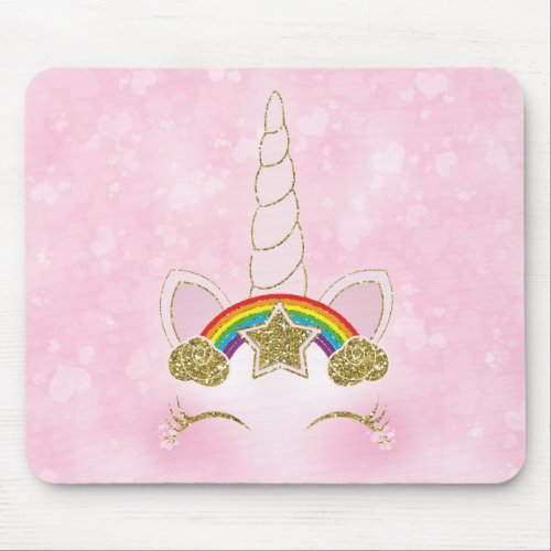 Pink Hearts Rainbow Star Unicorn Horn Face Mouse Pad